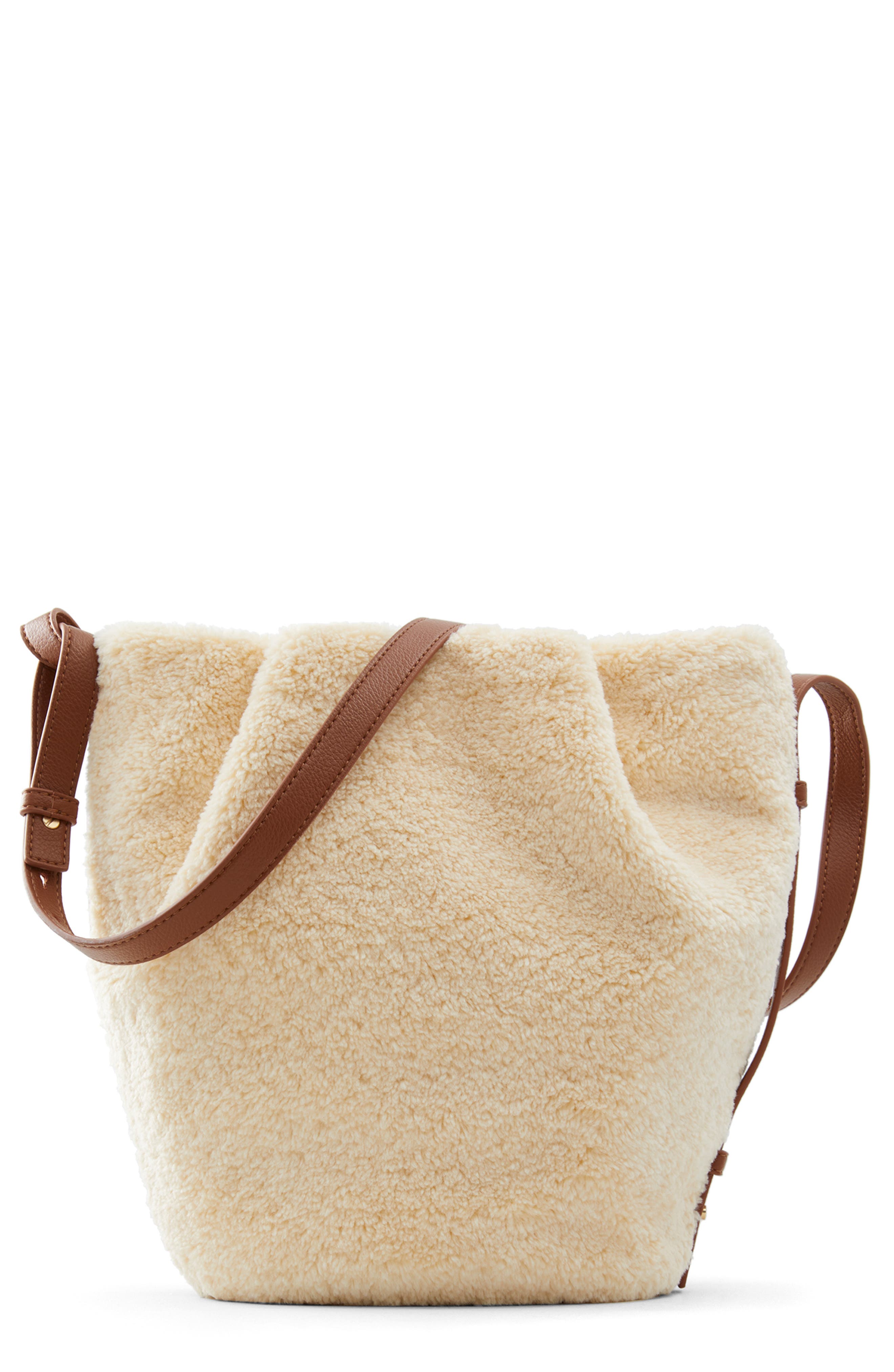 Who What Wear Amelia Faux Shearling Bucket Bag, Main, color, 