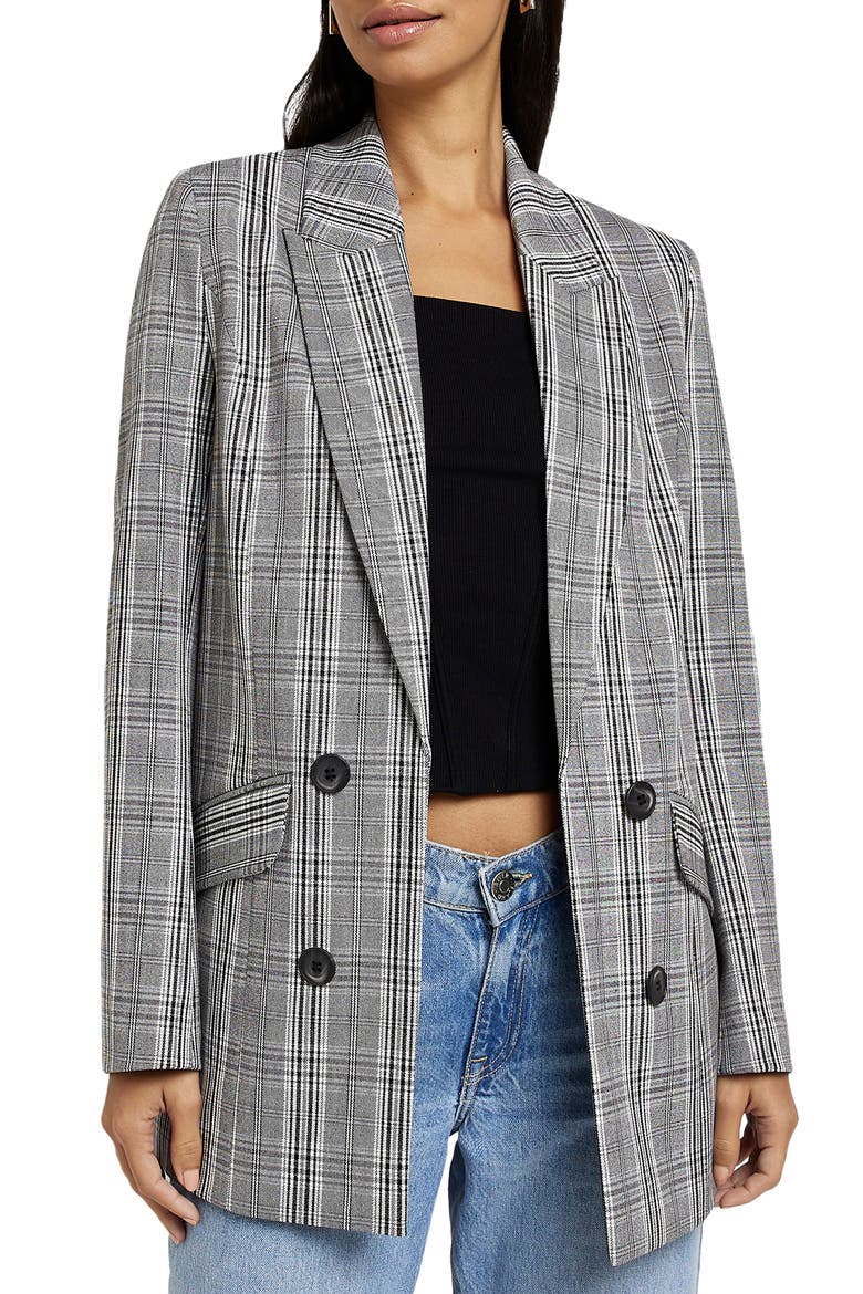 Check Double Breasted Blazer, Main, color, GREY