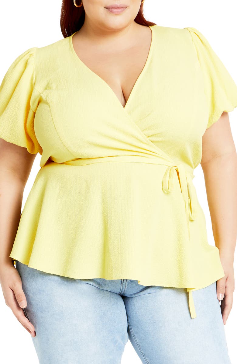 City Chic Christa Puff Sleeve Faux Wrap Top, Main, color, 