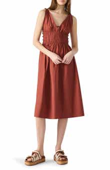 Steve Madden Kassie Bead Detail Smock Waist Cotton Midi Dress