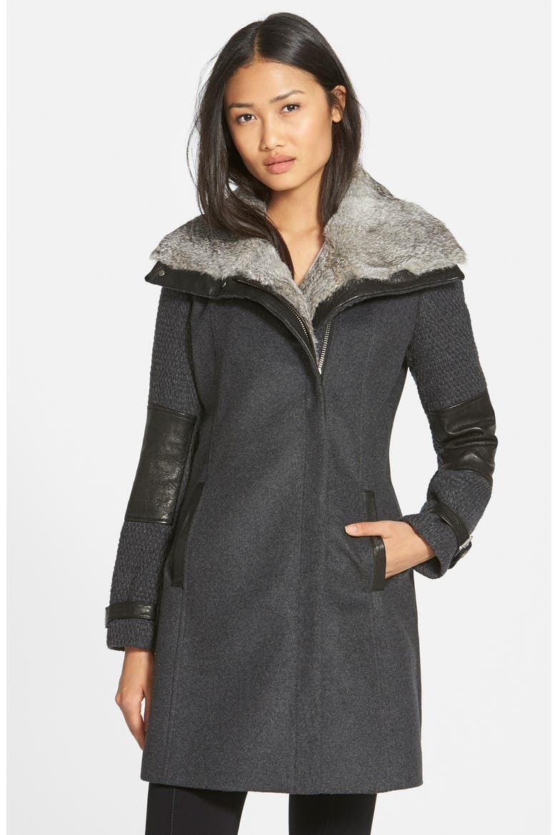 Wool Blend Coat with Leather Trim & Genuine Rabbit Fur Collar, Main, color, DARK CHARCOAL