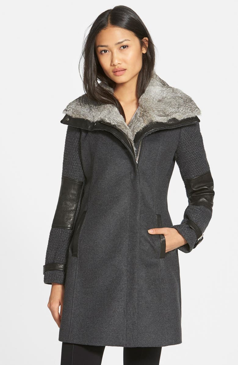 Andrew Marc Wool Blend Coat with Leather Trim & Genuine Rabbit Fur Collar, Main, color,
