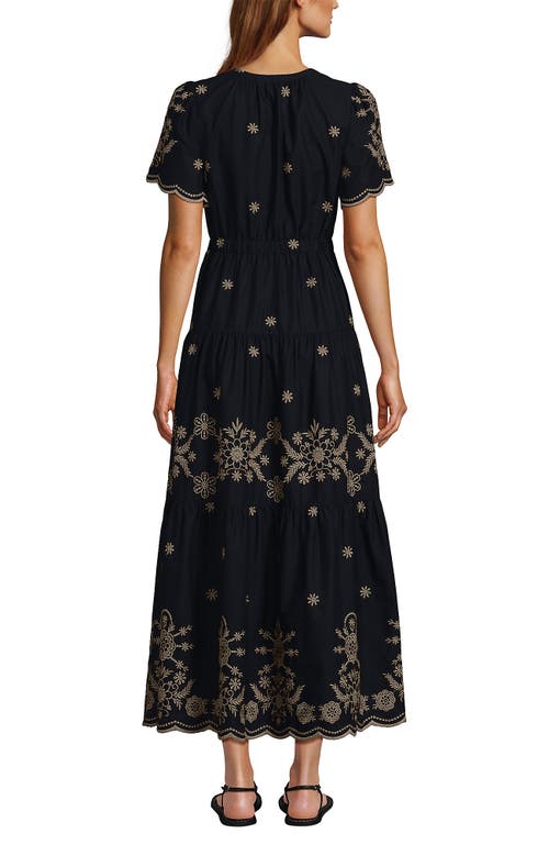 LANDS' END LANDS' END TIERED COTTON POPLIN EMBROIDERED MAXI DRESS