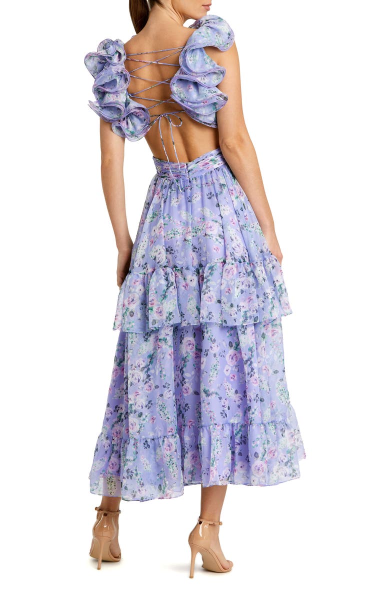 Mac Duggal Ruffle Tiered Cut-Out Floral Chiffon Dress, Alternate, color, Lilac Multi