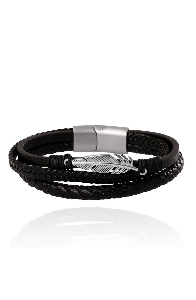 Lucky Brand Triple Row Black Leather Bracelet with Silver Accents, Main, color, Black