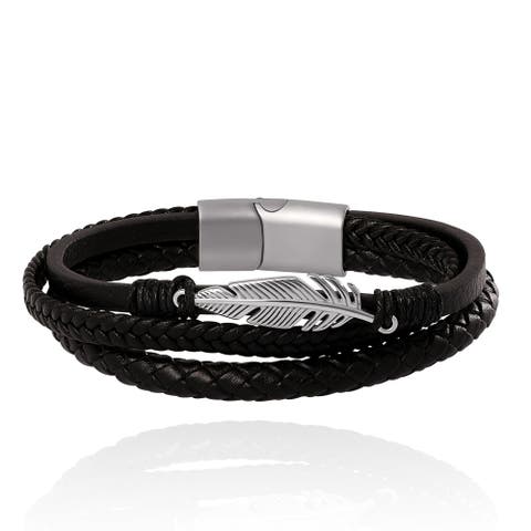 Triple Row Black Leather Bracelet with Silver Accents