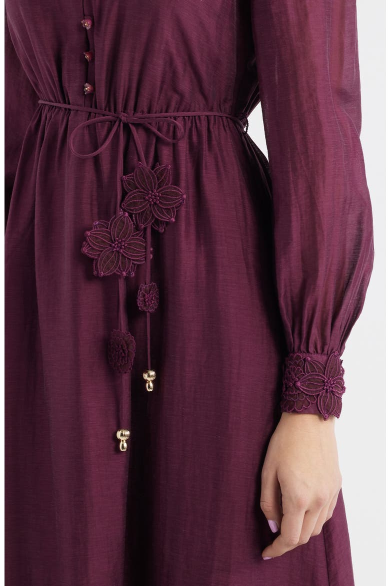 Yasmin Floral Appliqué Long Sleeve Midi Dress, Alternate, color, BERRY
