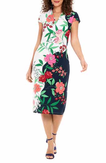 Floral Cap Sleeve Midi Sheath Dress