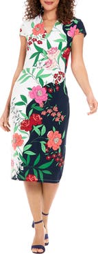 London Times Floral Cap Sleeve Midi Sheath Dress