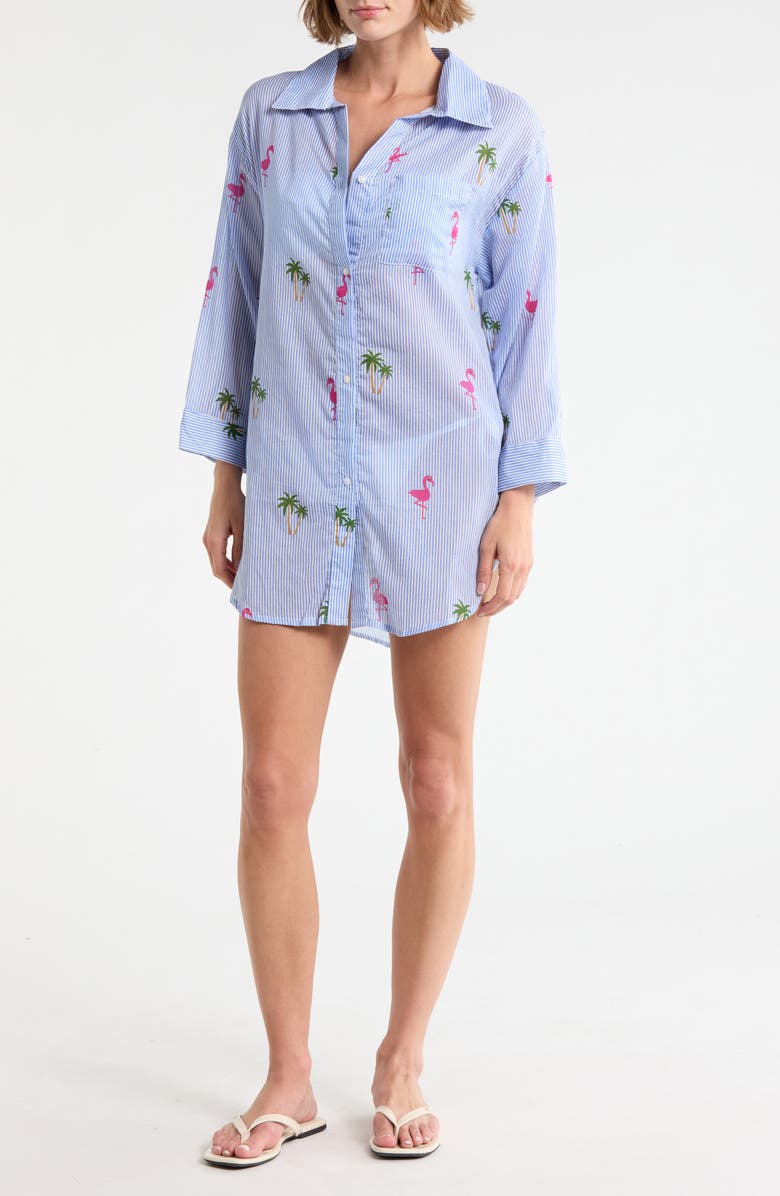 BOHO ME Stripe Cotton Cover-Up Shirt, Main, color, Blue Stripe Flamingo