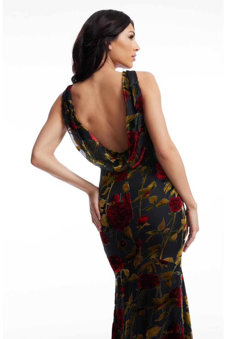 Cherilyn Floral Velvet Burnout Open Back Mermaid Gown, Alternate, color, BLACK MULTI