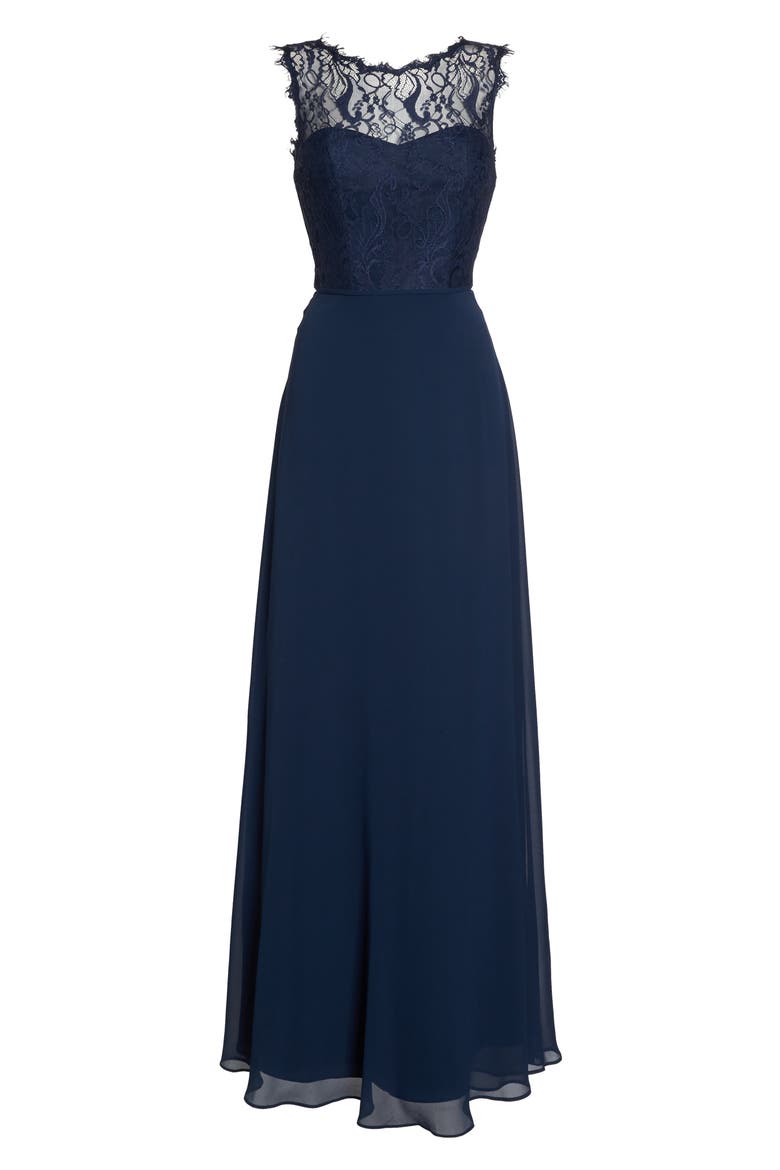 Lace & Chiffon A-Line Gown, Alternate, color, NAVY