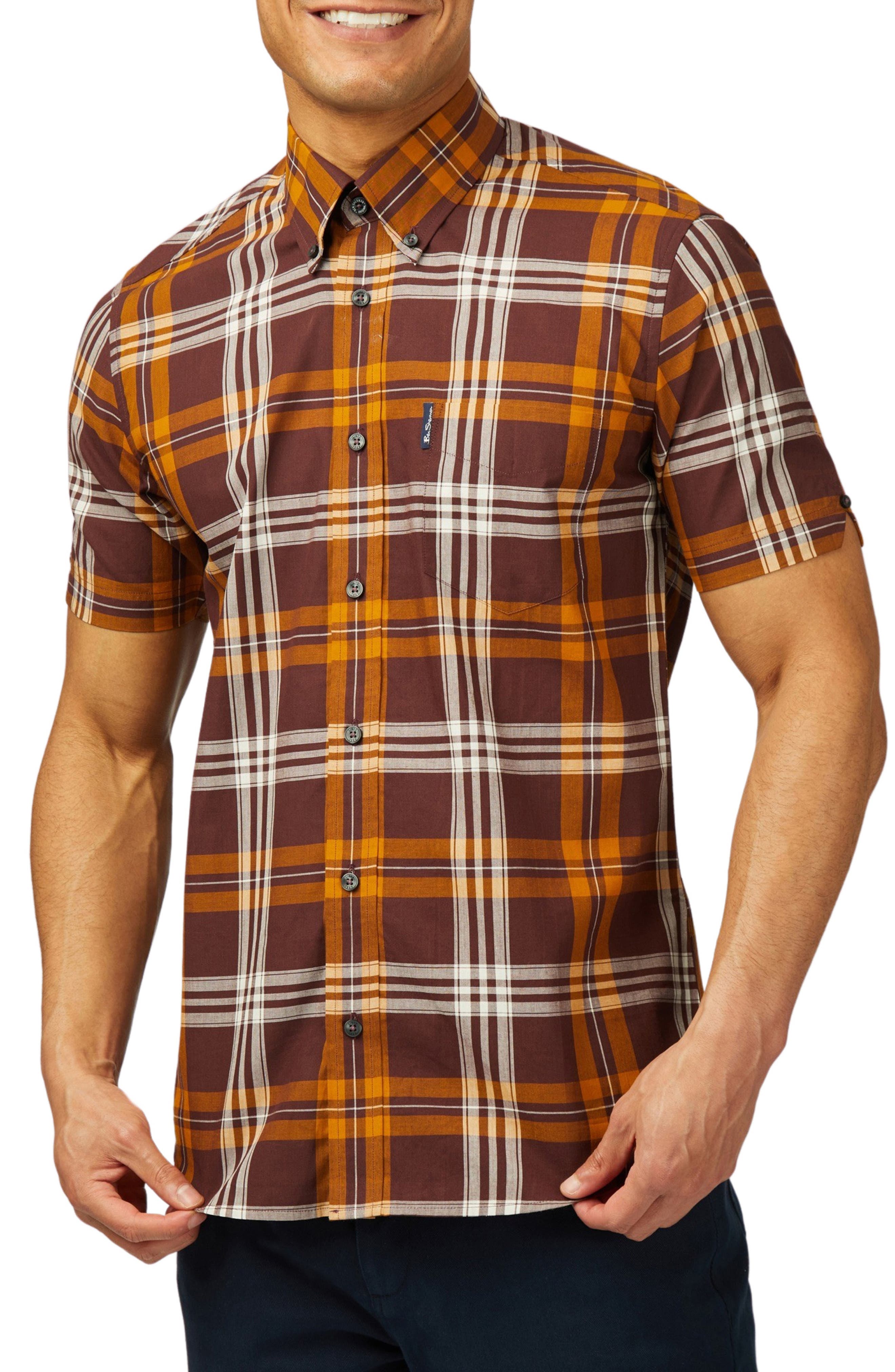 Ben Sherman Regular Fit Plaid Short Sleeve Button-Down Shirt in Wine 