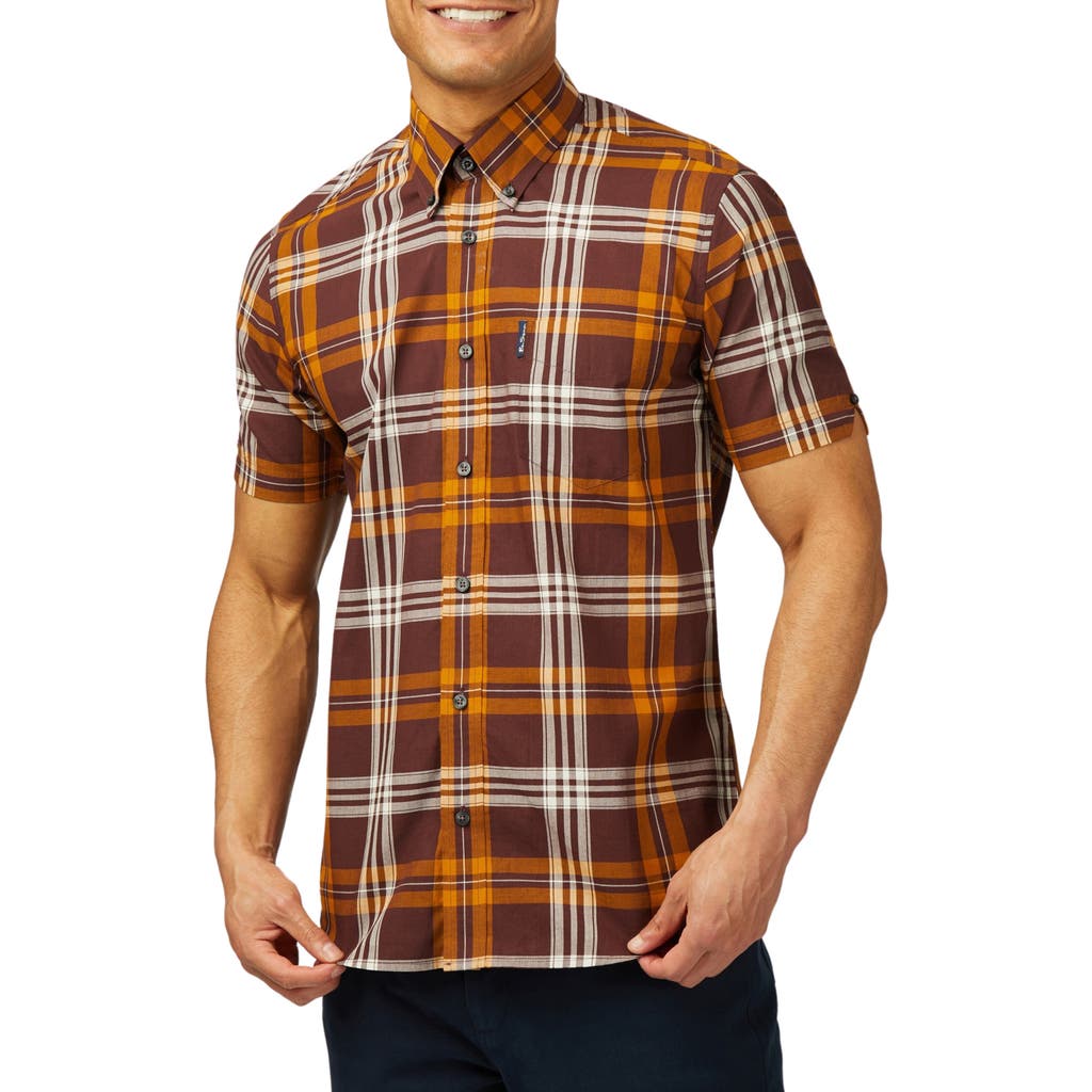 Ben Sherman Regular Fit Plaid Short Sleeve Button-Down Shirt in Wine