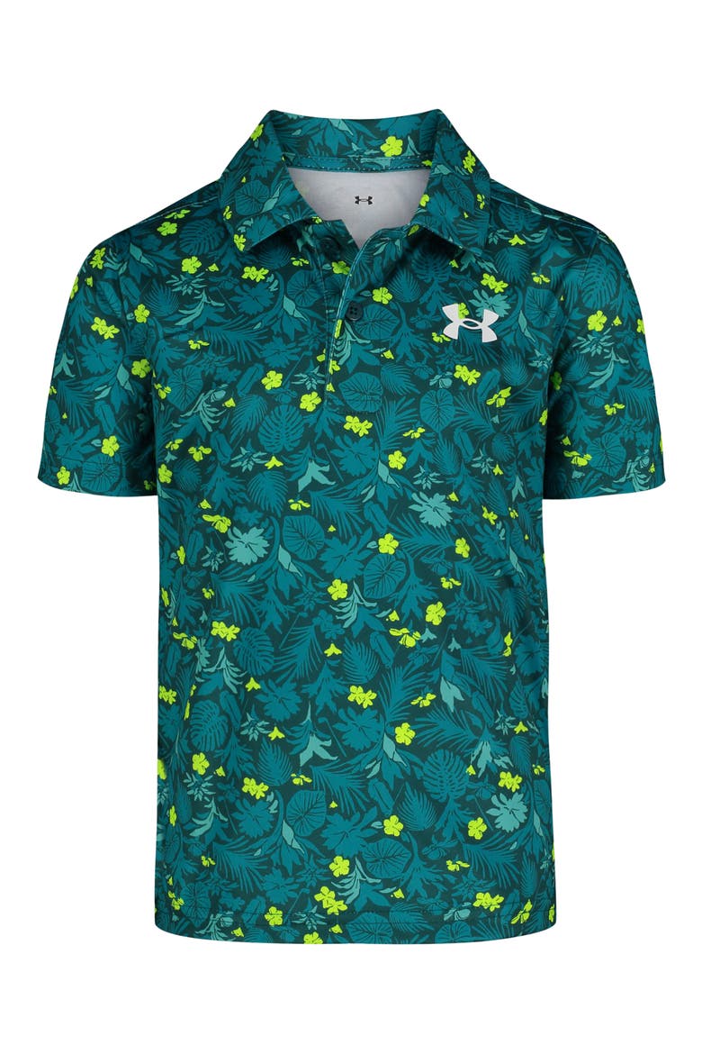Kids' Match Play Leaf Print Performance Polo, Main, color, HYDRO TEAL