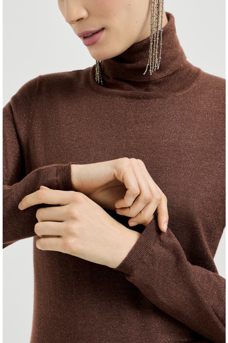 Sparkling cashmere and silk lightweight turtleneck sweater, Alternate, color, Brown