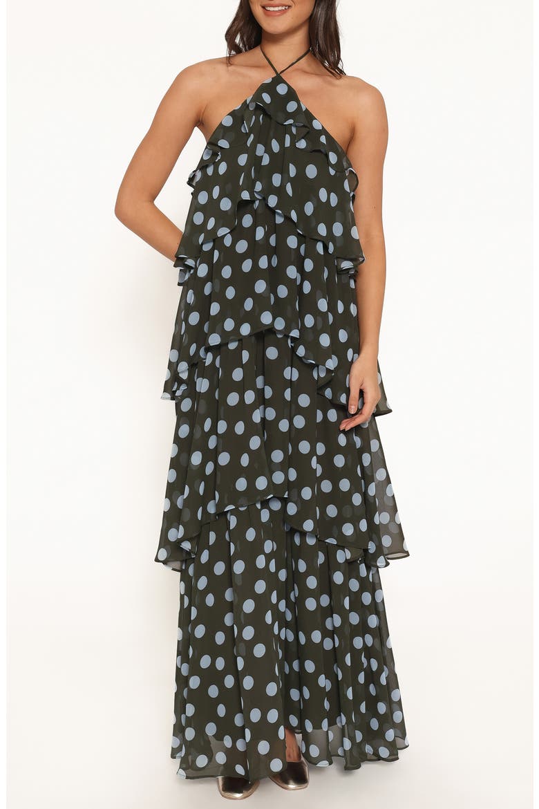 Chasity Halter Neck Tiered Maxi Dress, Main, color, OLIVE POLKA DOT