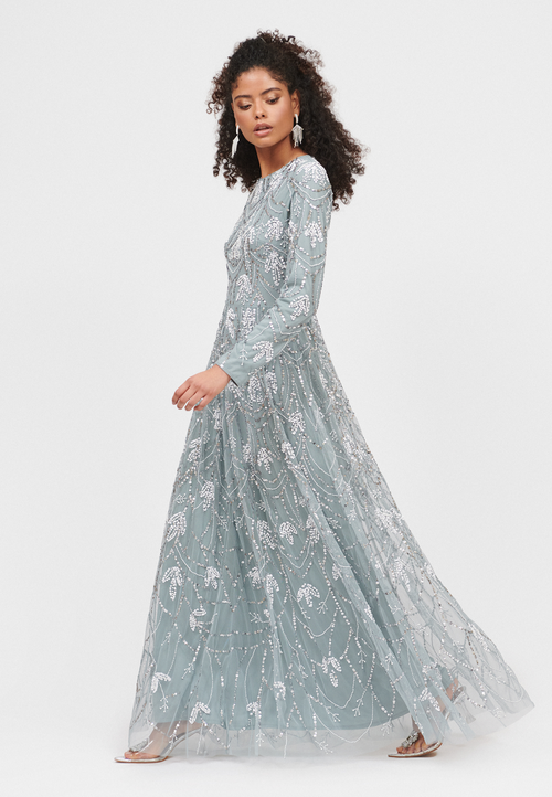 Maryisa Embellished Sequin Beaded Floral A Line Maxi Dress In Misty Grey