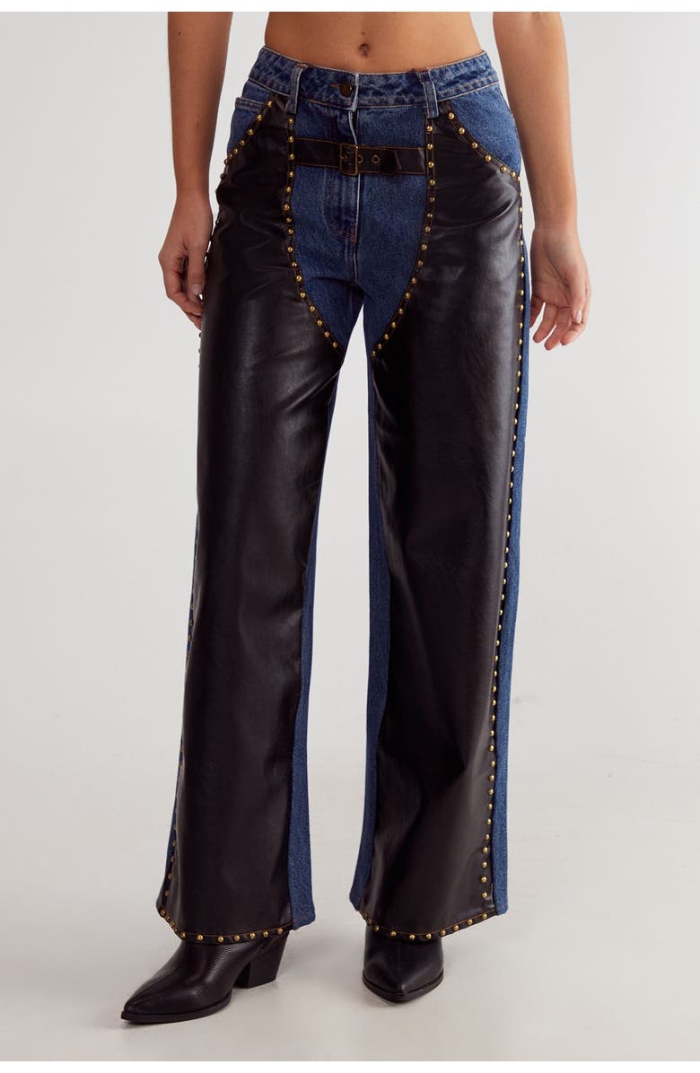 NASTY GAL Straight Leg Denim Pu Mix Chap Jeans, Main, color, Dark Wash