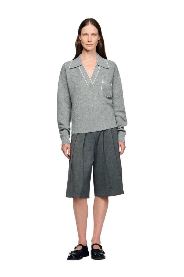 Open polo-collar neck sweater, Alternate, color, Grey