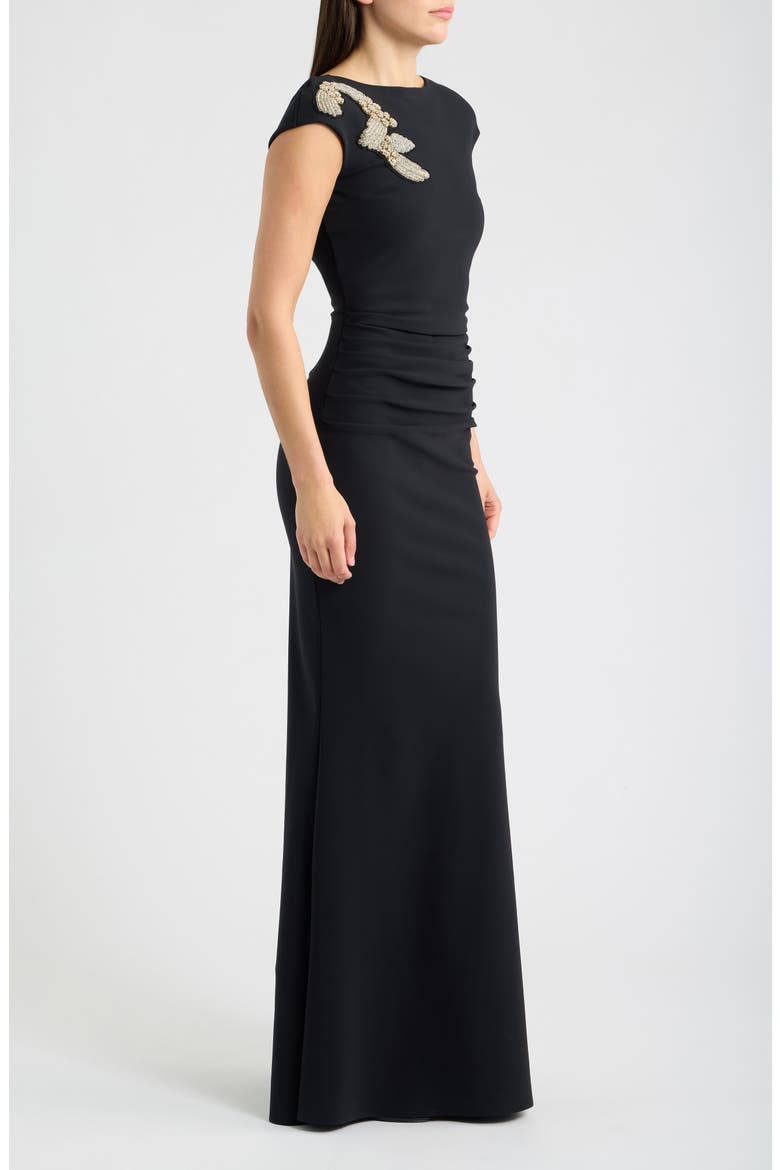 Hesupus Crystal Embellished Ruched Gown, Alternate, color, BLACK