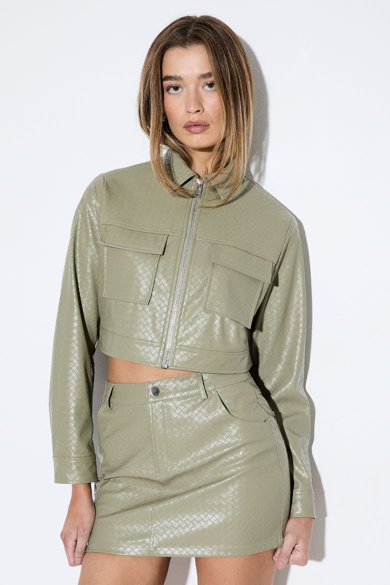 Woven Detail Faux Leather Jacket, Main, color, Olive
