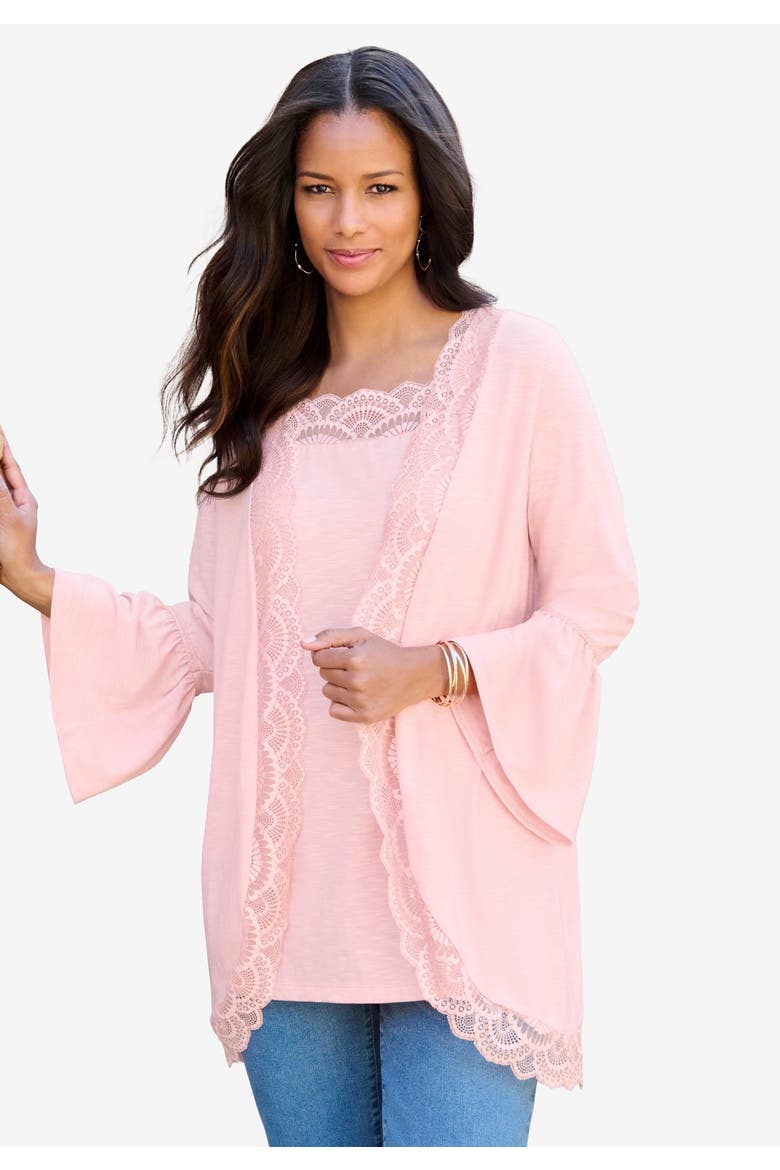 Lace-Detailed Cardigan And Tank Set, Alternate, color, SOFT BLUSH