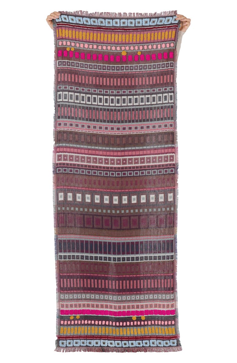 Vismaya Embroidered Cotton & Wool Fringe Scarf, Alternate, color, Wine