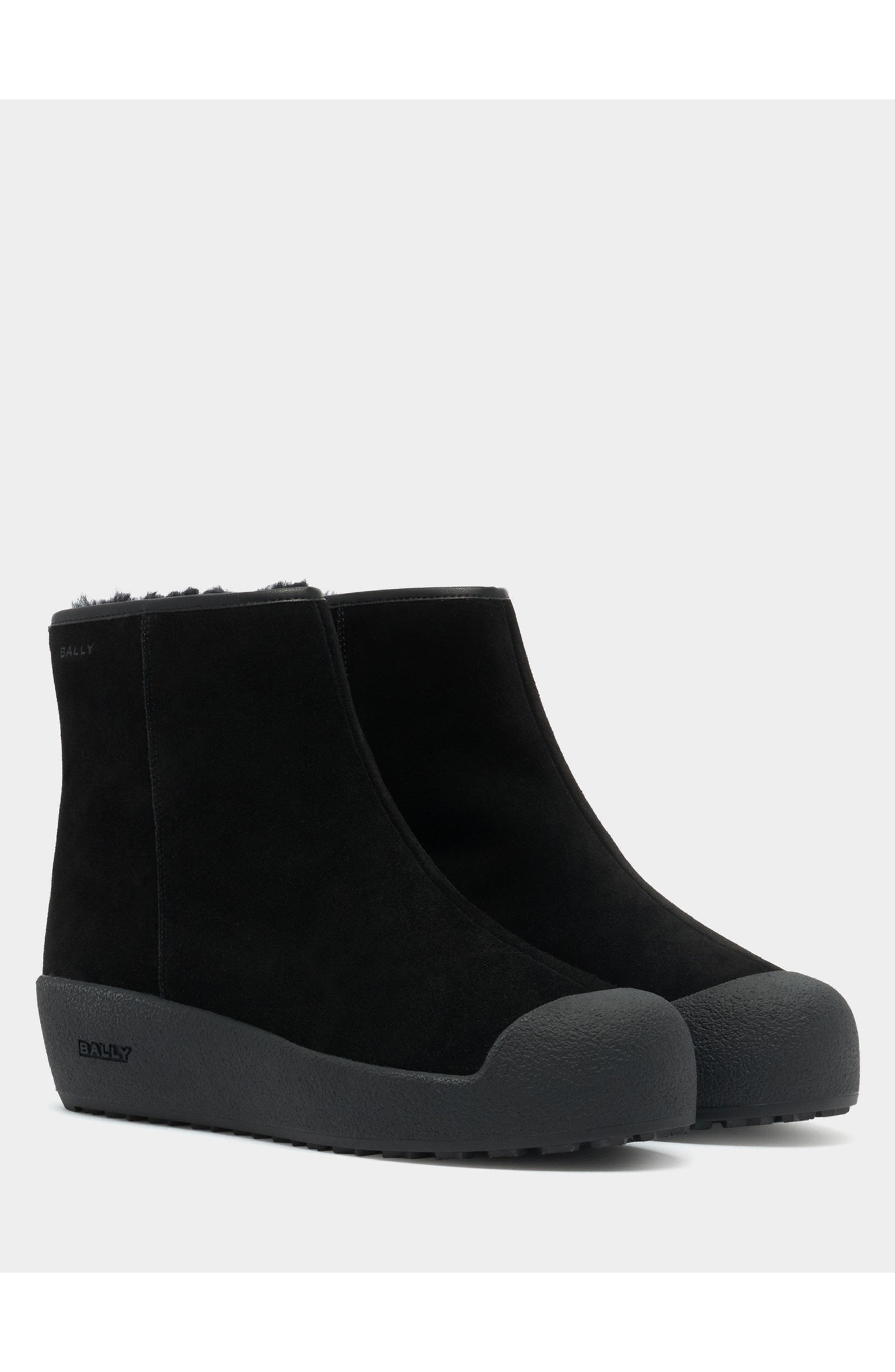 Bally Curling Bootie in Suede with Lamb Fur Lining, Alternate, color, Black