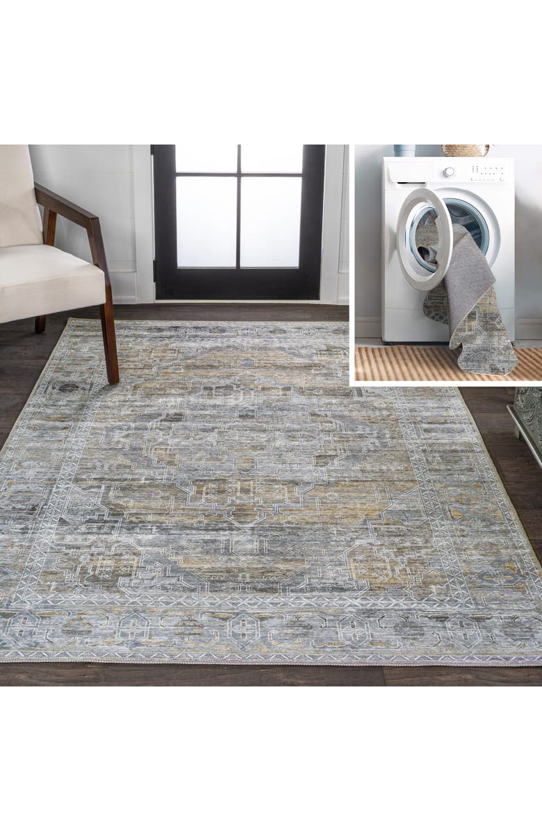 JONATHAN Y Alanya Ornate Medallion Machine-Washable Area Rug, Main, color, Gray/Mustard