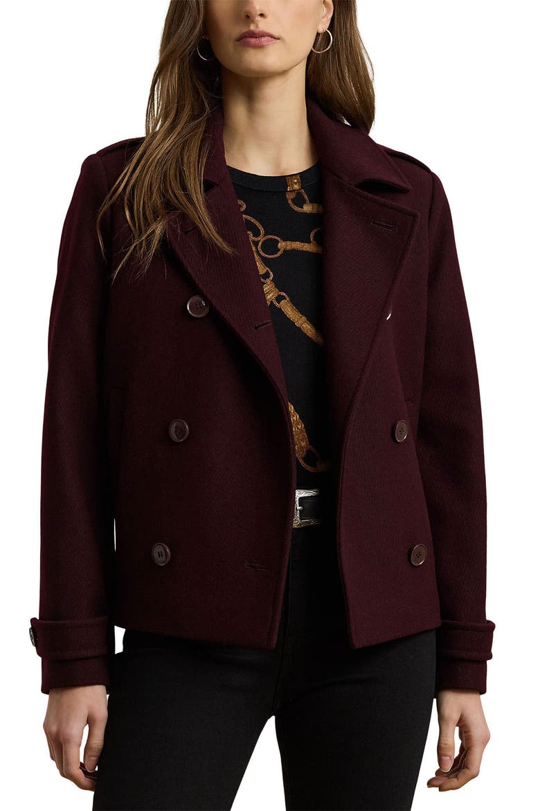 Double Breasted Wool Blend Twill Jacket, Main, color, PINOT NOIR