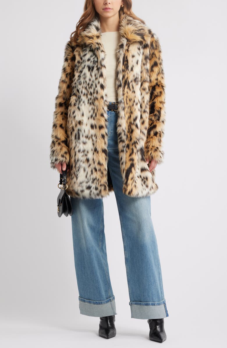 Open Edit Leopard Faux Fur Longline Coat, Alternate, color, 