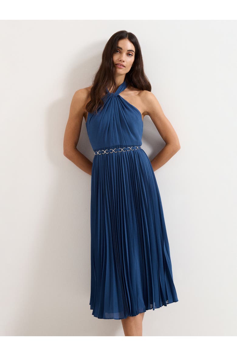 Sathia Pleated Halter Neck Midi Dress, Main, color, Indigo