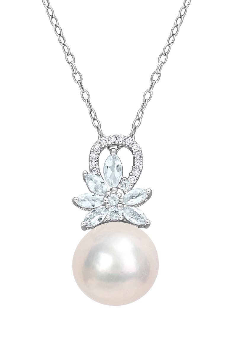 DELMAR Sterling Silver 11-12mm Cultured Freshwater Pearl Aquamarine Diamond Pendant Necklace - 0.07 ct., Main, color, White