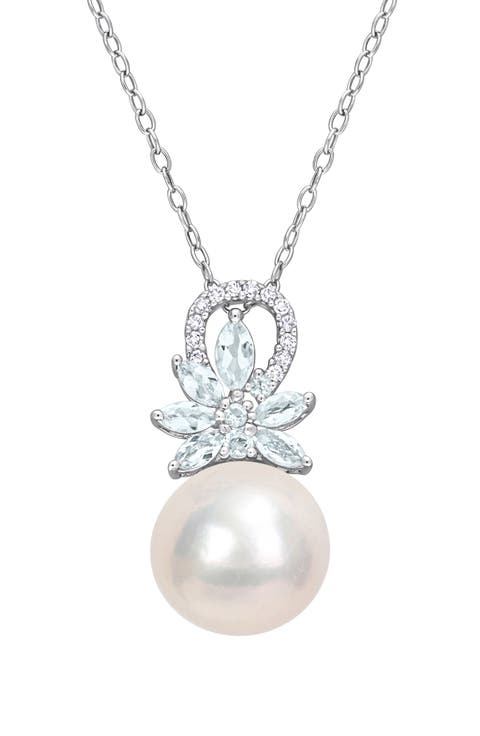 Sterling Silver 11-12mm Cultured Freshwater Pearl Aquamarine Diamond Pendant Necklace - 0.07 ct.