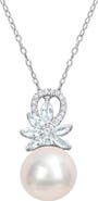 DELMAR Sterling Silver 11-12mm Cultured Freshwater Pearl Aquamarine Diamond Pendant Necklace - 0.07 ct.