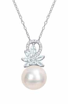 DELMAR Sterling Silver 11-12mm Cultured Freshwater Pearl Aquamarine Diamond Pendant Necklace - 0.07 ct.
