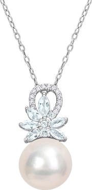 DELMAR Sterling Silver 11-12mm Cultured Freshwater Pearl Aquamarine Diamond Pendant Necklace - 0.07 ct.