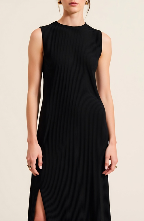 Modenaire Sleeveless Ribbed Knit Midi Dress With Side Slit And Crew Neckline In Black