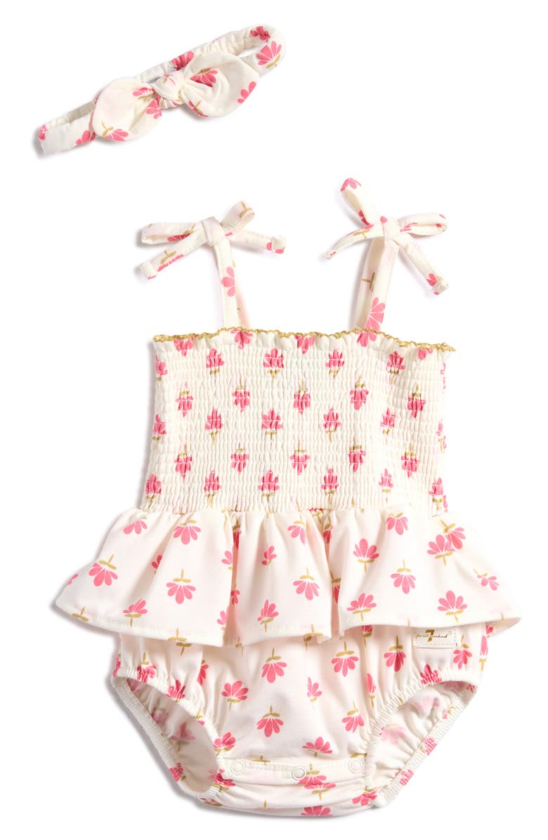 7 For All Mankind Smocked Bubble Bodysuit & Headband Set, Main, color, 
