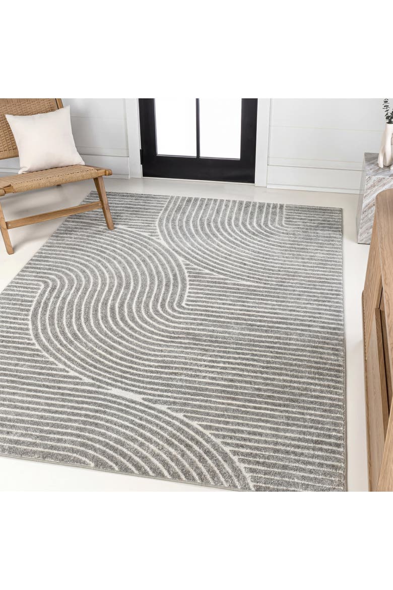 Hallie High-Low Minimalist Curve Geometric Indoor/Outdoor Area Rug, Alternate, color, Gray/Ivory