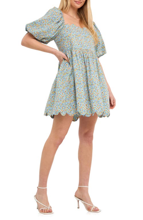 Free The Roses Scallop Trim Floral Cotton Minidress In Blue Multi