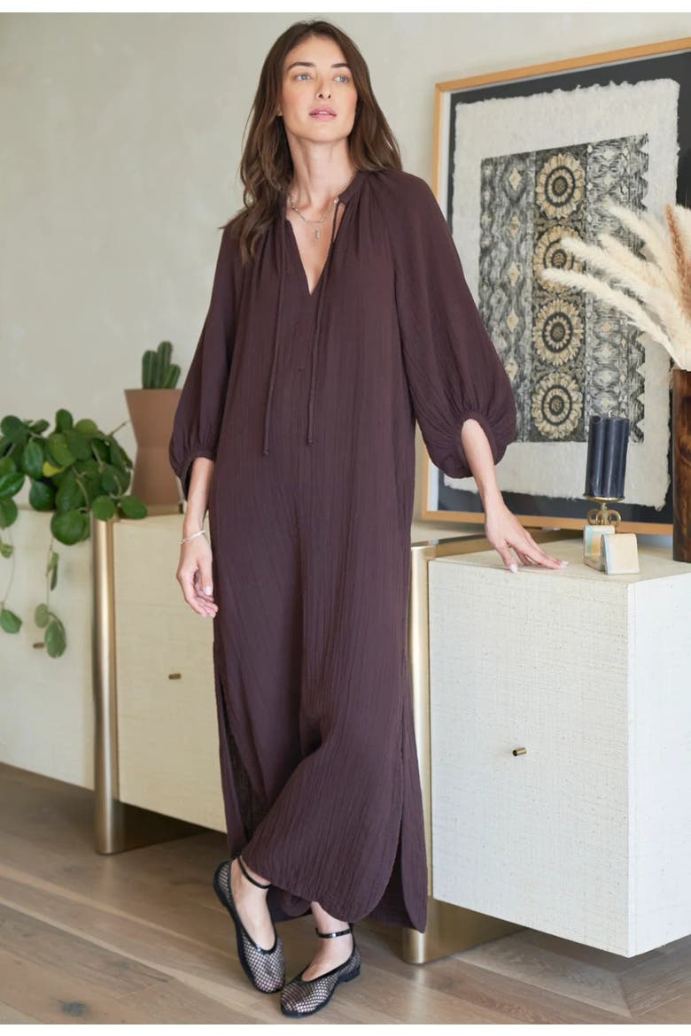 Avery Long Tie Neck Dress Gauze Caftan, Alternate, color, Chocolate