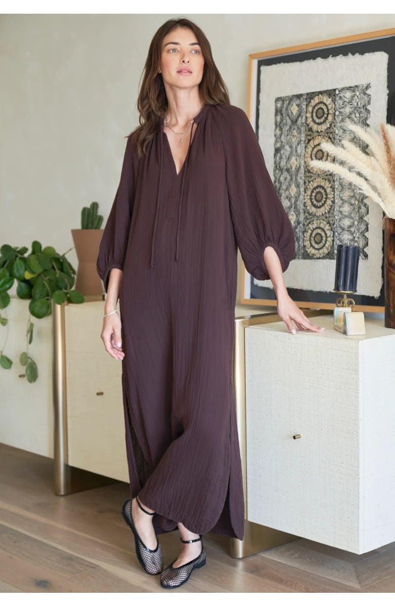 ocean+main Avery Long Tie Neck Dress Gauze Caftan, Alternate, color, Chocolate