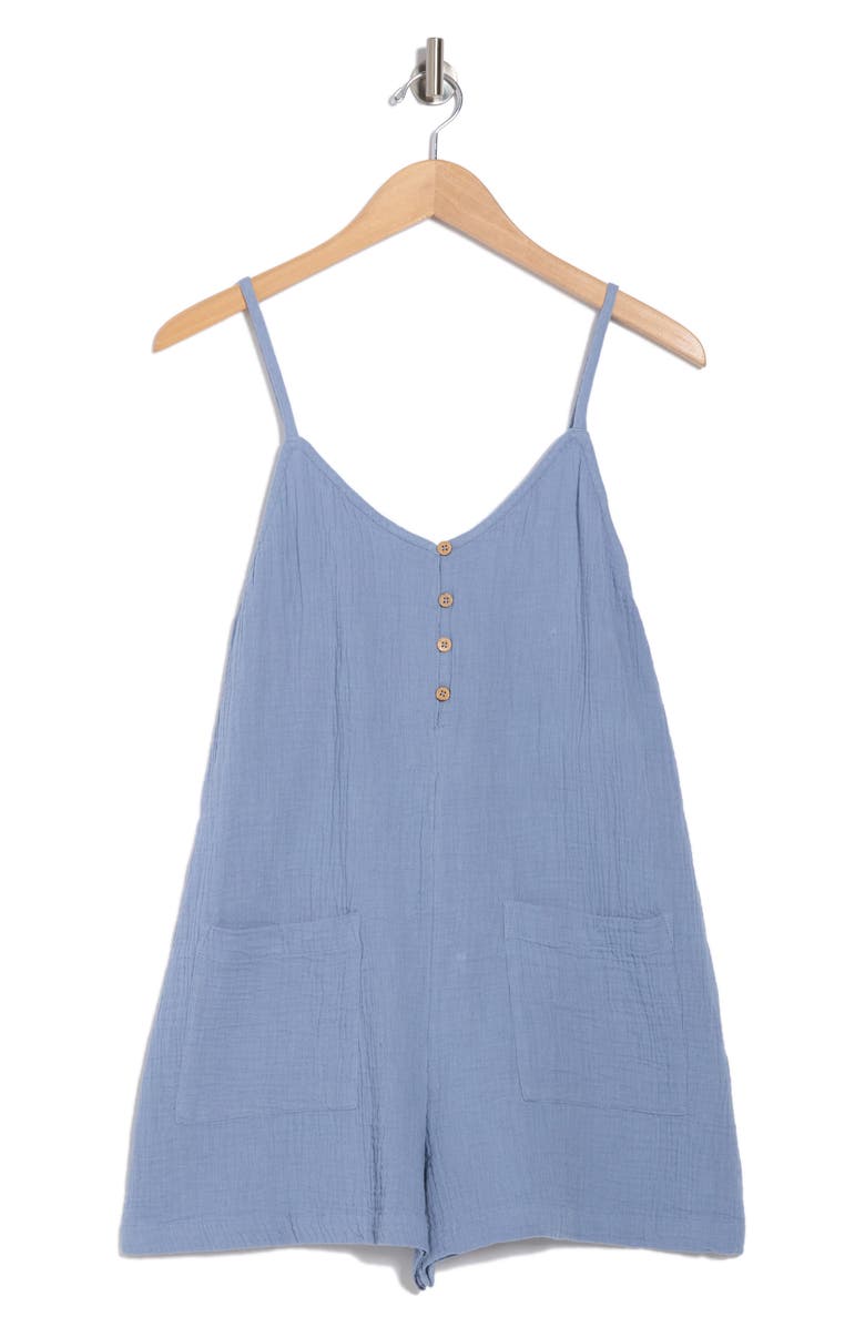 Roxy Sunshine Haze Button Front Organic Cotton Romper, Alternate, color, Infinity Blue
