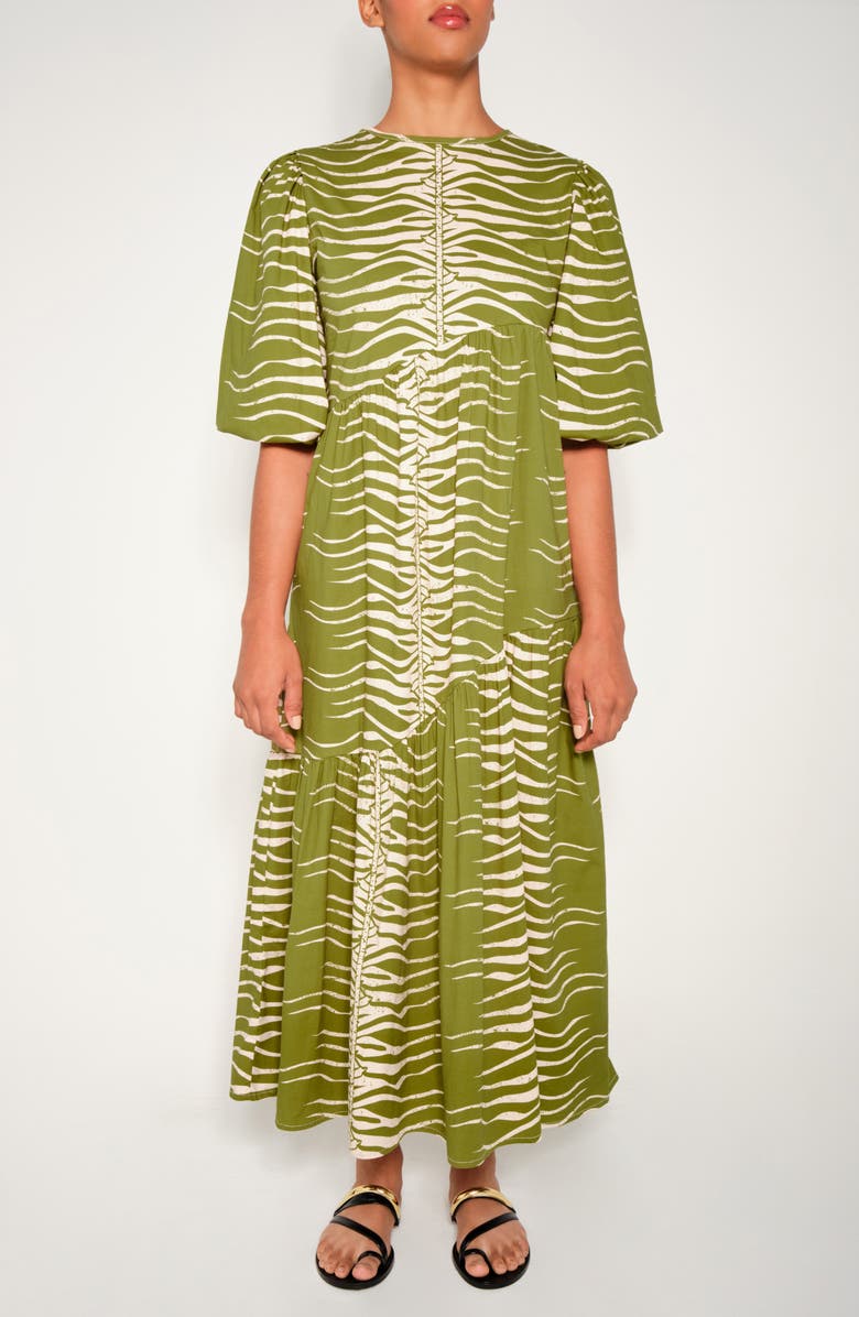 The Lulo Project Armenia Asymmetric Ruffle Maxi Dress, Main, color, Green Snake