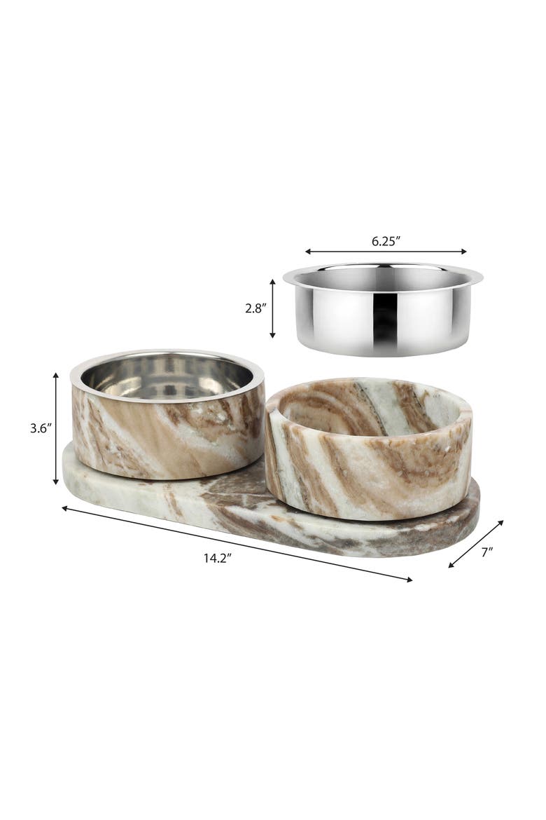 Marbre Modern Weighted Double Marble and Stainless Steel Bowl Feeder with Non-Slip Marble Tray Set, Alternate, color, Beige/Gray
