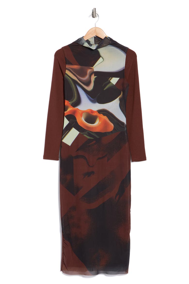 Abstract Long Sleeve Dress, Alternate, color, BROWN