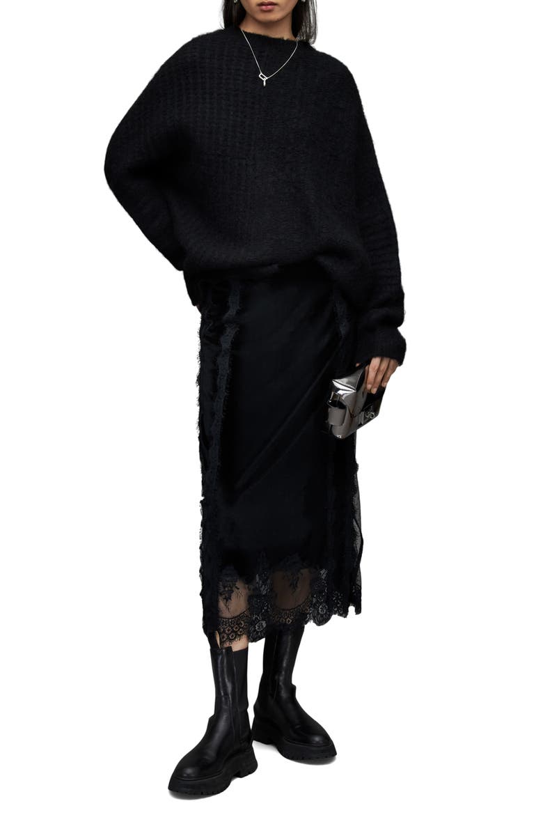 Mila Lace Trim Velvet Midi Skirt, Alternate, color, BLACK