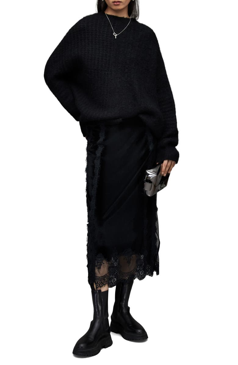 AllSaints Mila Lace Trim Velvet Midi Skirt, Alternate, color,